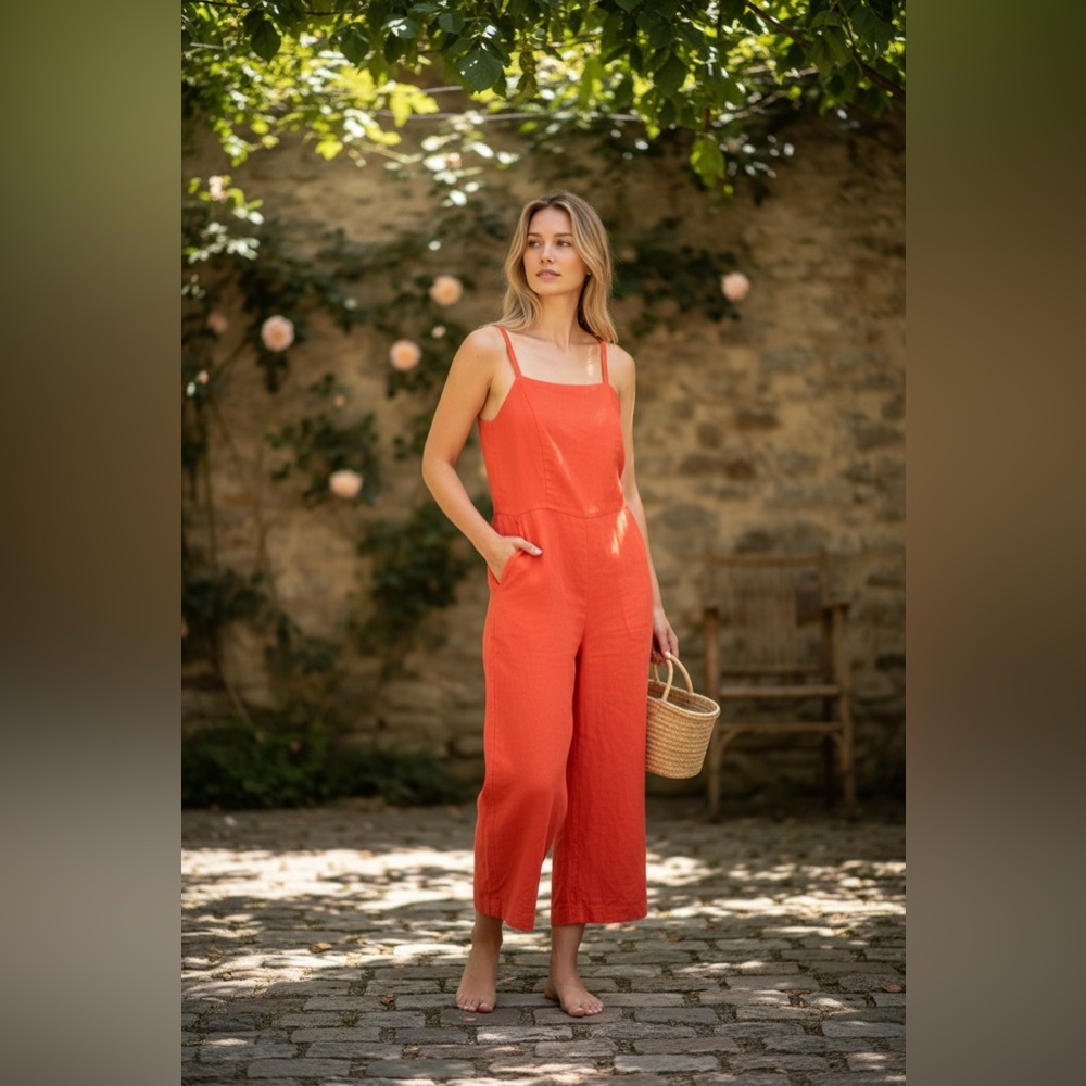 NWT Old Navy Cropped Length Linen Jumpsuit Palazzo Style Tamarind Coral Sz Med